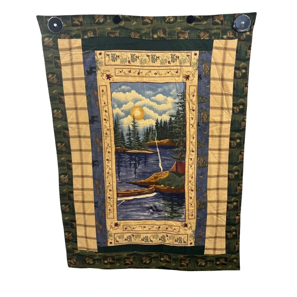 Rustic Wilderness Quilted Wall Hanging Lake Cabin Lodge Scene Moose Print 34x44